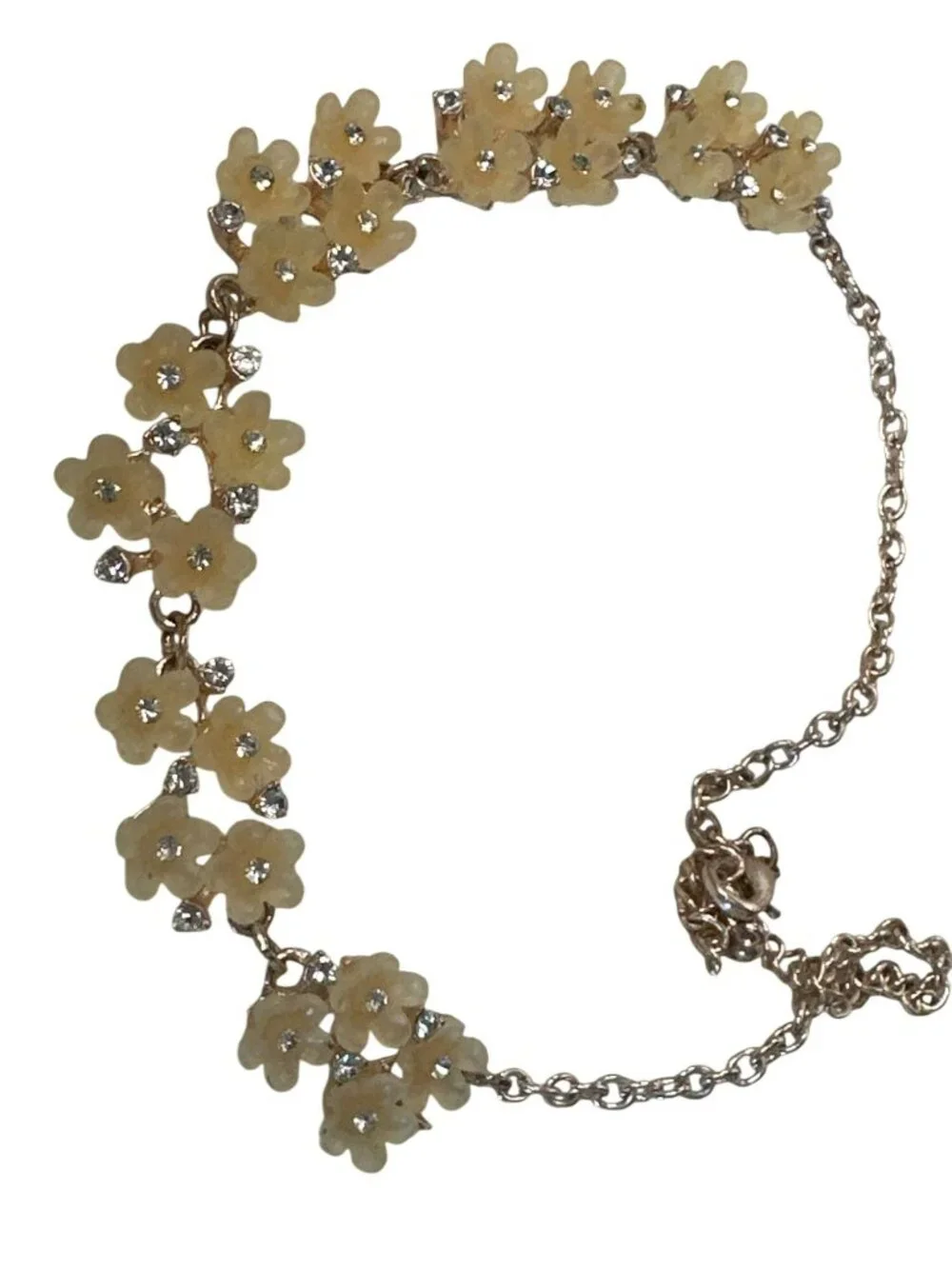 Cream Flower Rhinestone Necklace Gold-Tone Chain Bib Sparkly Dainty Cottage 18